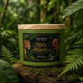 Fotografia de uma vela artesanal 100% vegetal da marca Solenza, aroma Mata Atlântica. A vela está em um frasco verde fosco com tampa de madeira, apoiada sobre um tronco rústico com musgo, cercada por folhas verdes e samambaias que remetem a uma floresta. O rótulo escuro traz o nome Mata Atlântica em letras douradas e elegantes, com ilustrações de uma onça-pintada e um mico-leão-dourado.