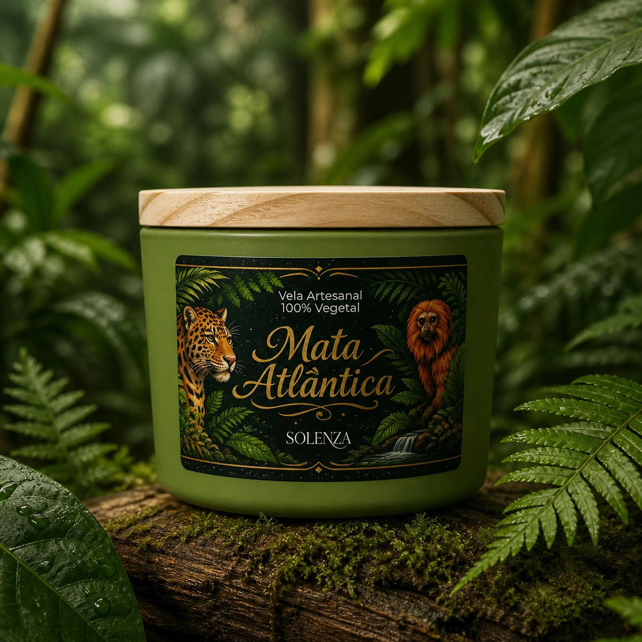 Fotografia de uma vela artesanal 100% vegetal da marca Solenza, aroma Mata Atlântica. A vela está em um frasco verde fosco com tampa de madeira, apoiada sobre um tronco rústico com musgo, cercada por folhas verdes e samambaias que remetem a uma floresta. O rótulo escuro traz o nome Mata Atlântica em letras douradas e elegantes, com ilustrações de uma onça-pintada e um mico-leão-dourado.